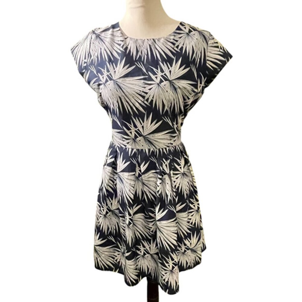 Silky navy and blue short-sleeve dress L